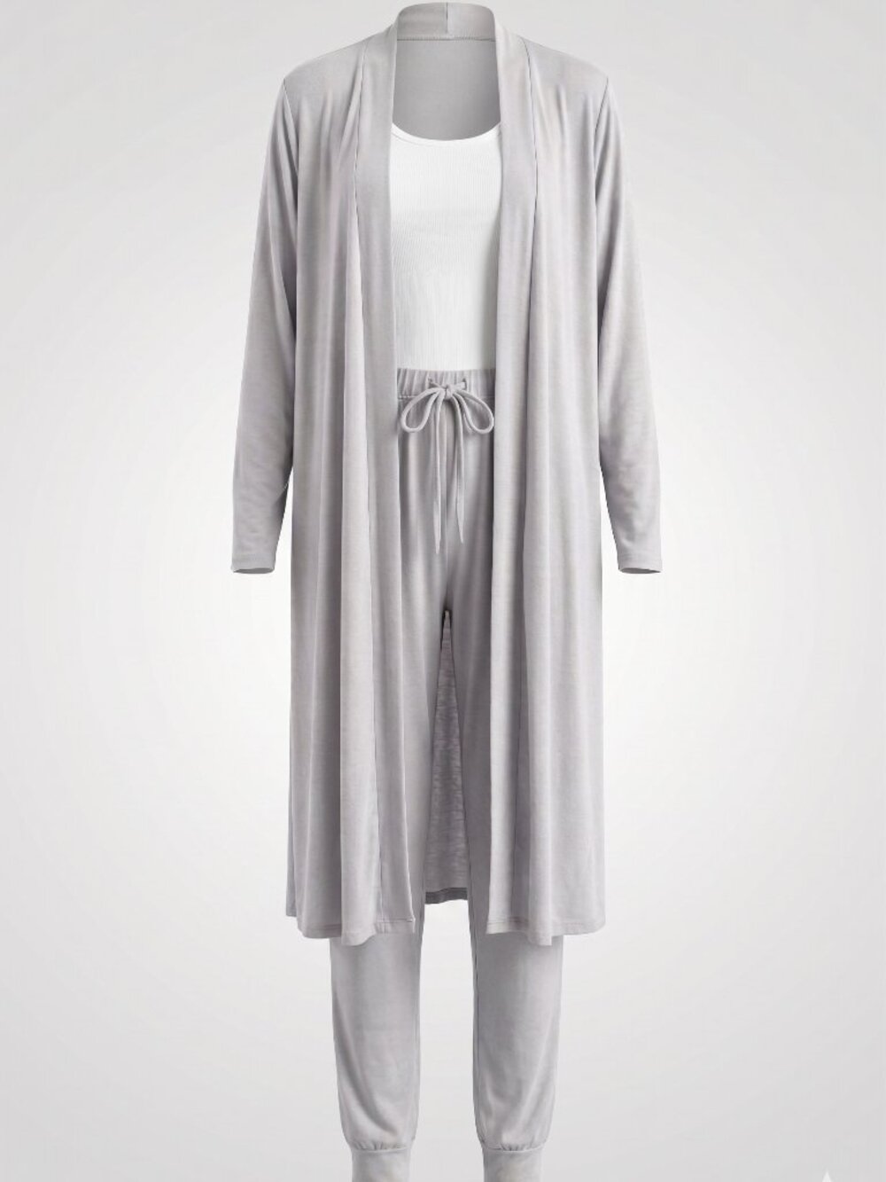 Light Grey Long Duster Cardigan & Jogger Lounge Set – 2-Piece Women